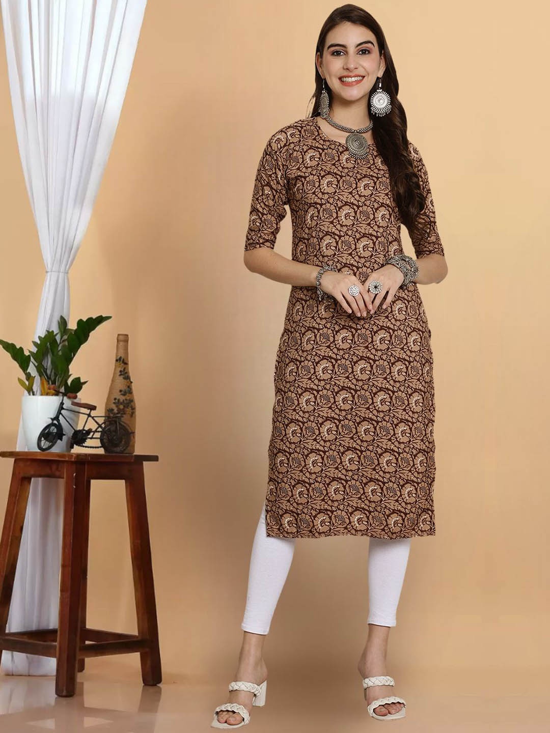 

7Threads Women Printed Flared Sleeves Mirror Work Floral Crepe Kurta, Multi