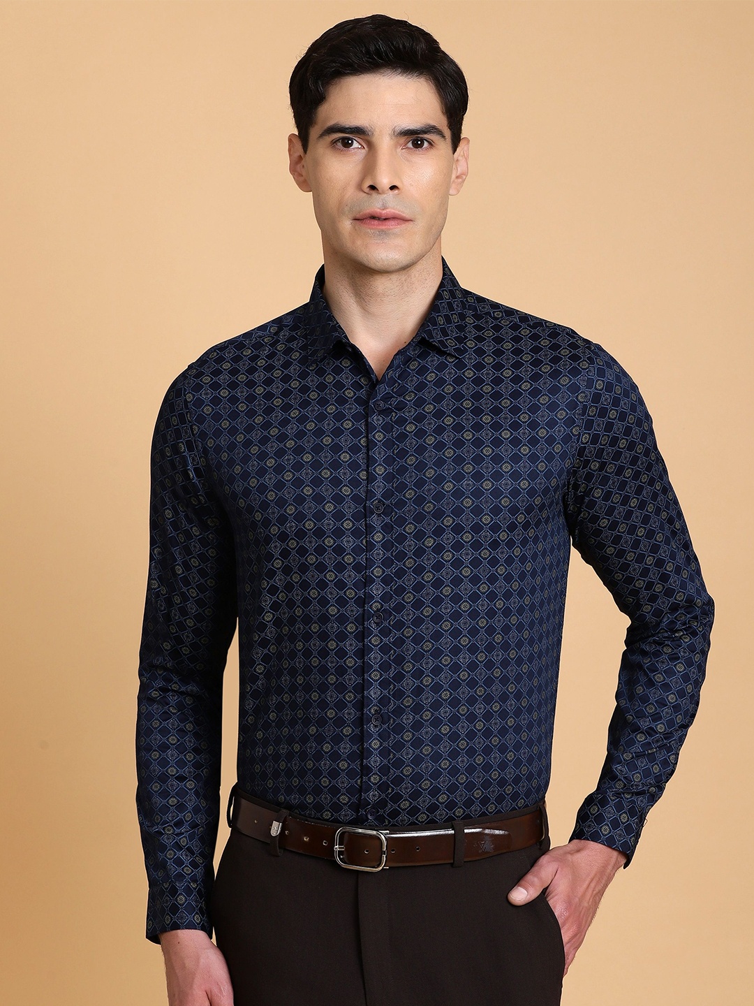 

Gavin Paris Men Classic Grid Tattersall Checks Opaque Checked Semiformal Shirt, Navy blue