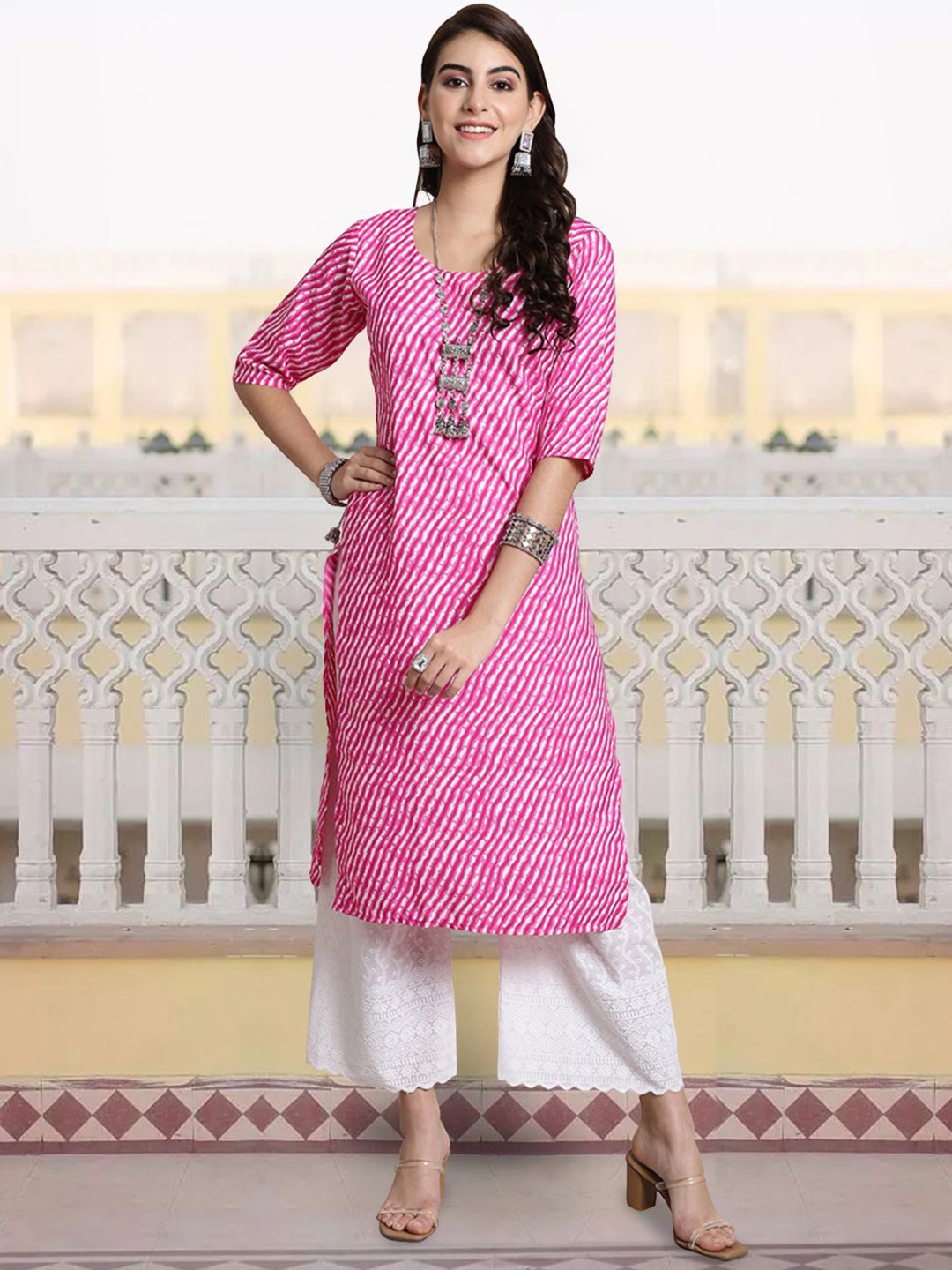 

7Threads Women Striped Mirror Work Floral Crepe Anarkali Kurta, Multi