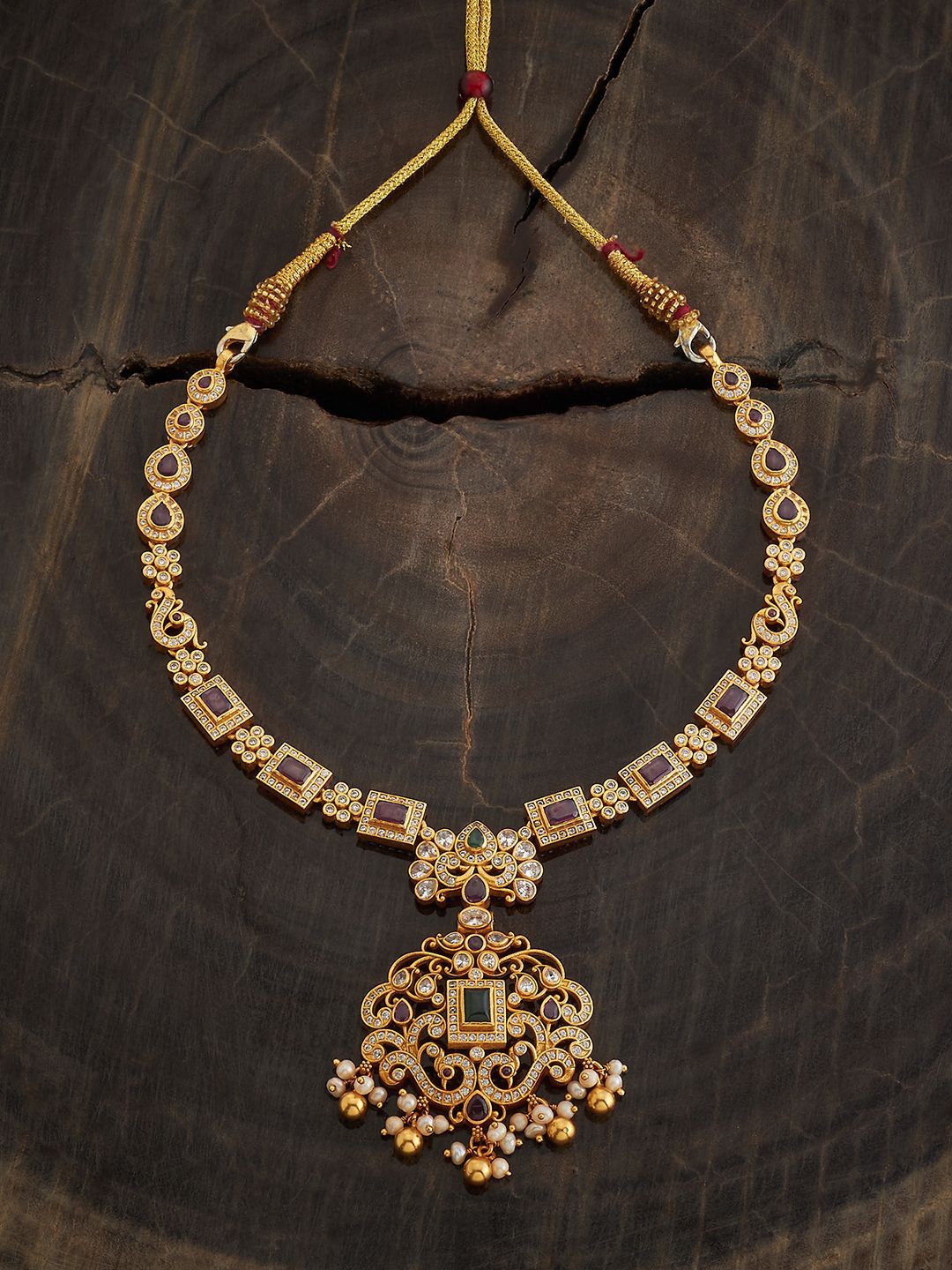 

Kushal's Fashion Jewellery 92.5 Sterling Silver Gold Plated Stones Studded Temple Necklace