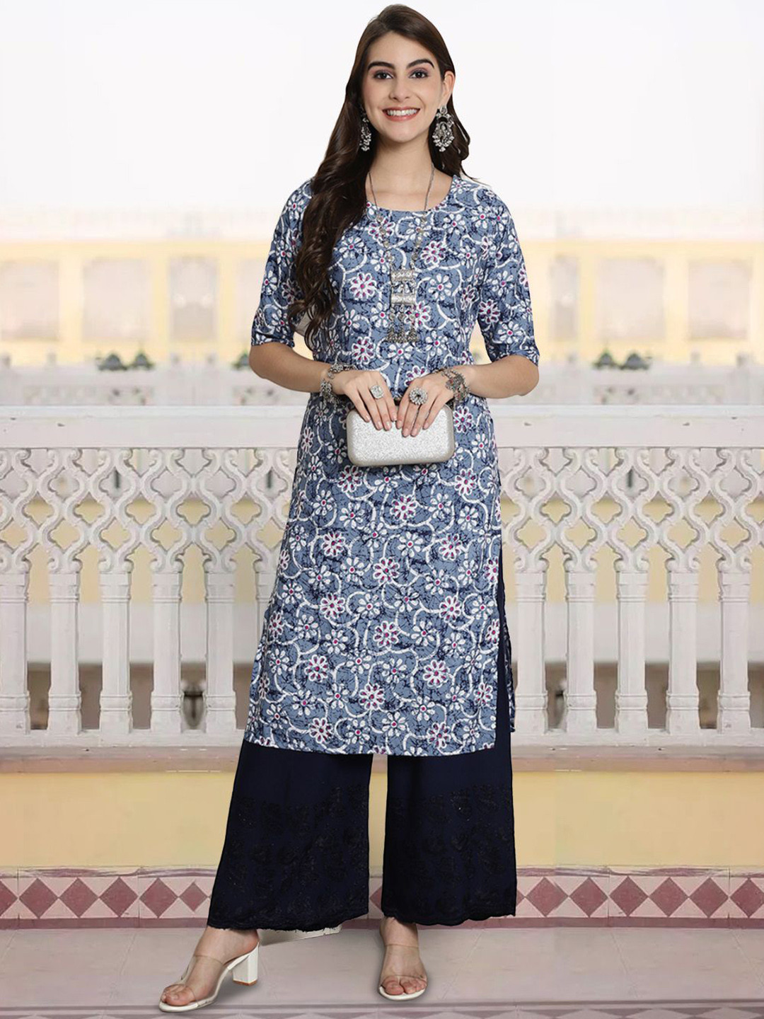 

7Threads Women Ethnic Motifs Printed Keyhole Neck Floral Crepe Kurta, Multi