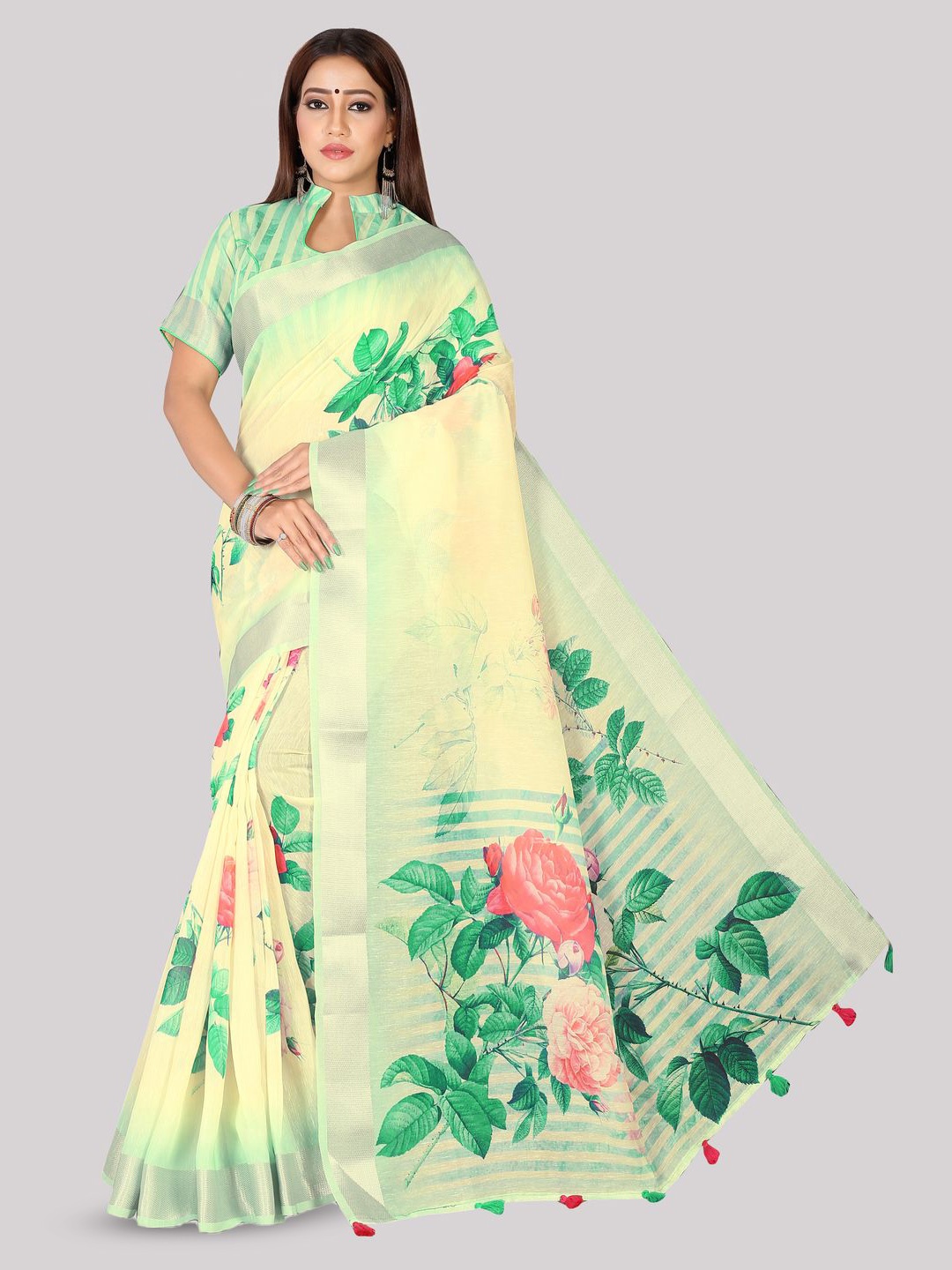 

Kaizen TEXO FAB Floral Zari Khadi Saree, Cream