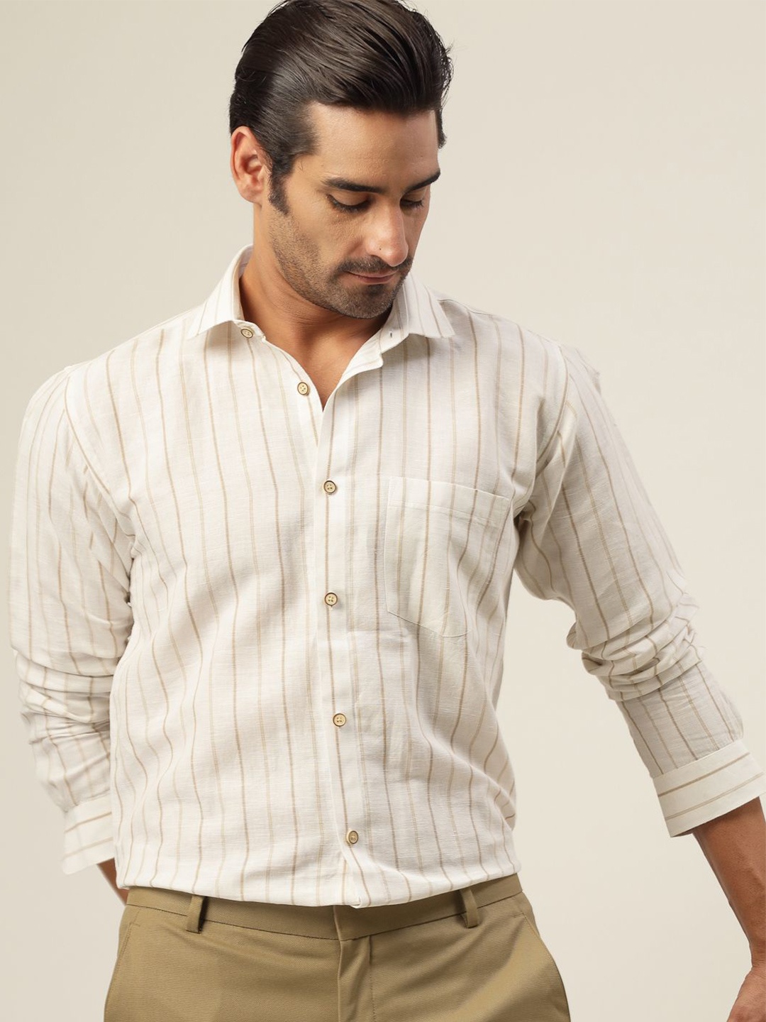 

JADEBERRY Men Classic Slim Fit Opaque Striped Casual Shirt, White