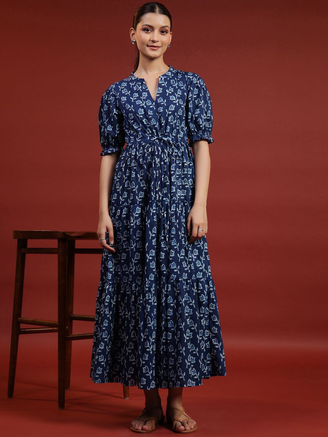 

anayna Printed Cotton Fit & Flare Ethnic Dress, Blue