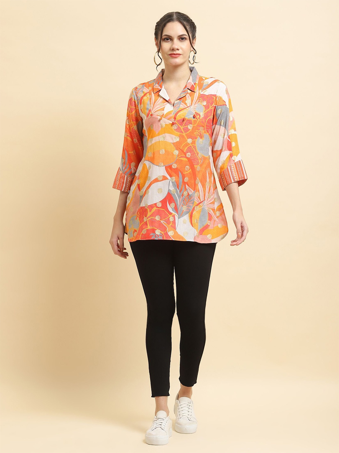 

Shree Liva Shirt Collar Printed Tunic, Orange