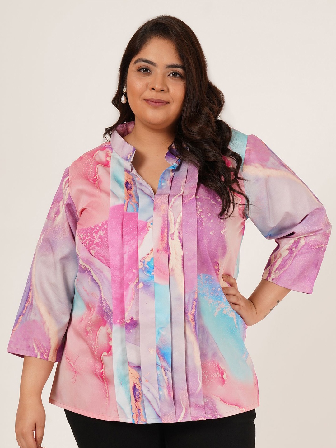 

Flambeur Print Mandarin Collar Satin Shirt Style Top, Multi