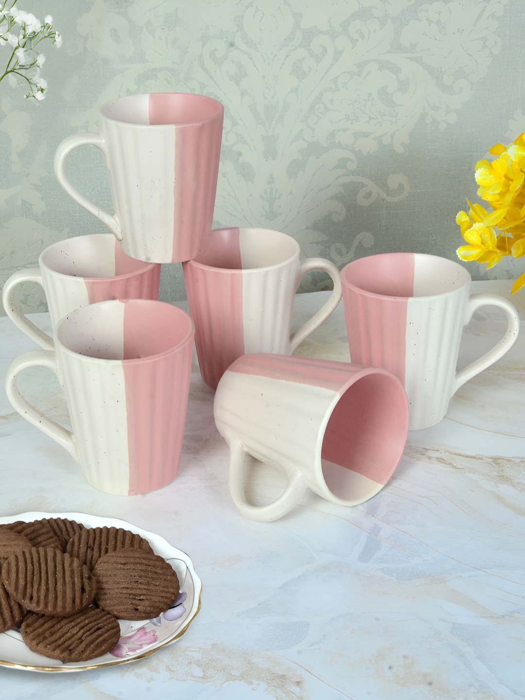 

FABINALIV Pink & White 6 Pieces Textured Ceramics Matte Mugs
