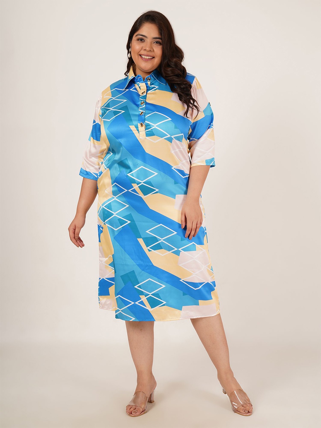 

Flambeur Plus Size Printed Satin Shirt Midi Dress, Blue