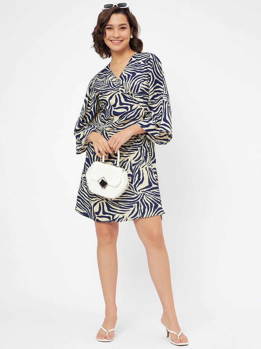 

Murcia Printed V-Neck Flared Sleeve Wrap Dress, Blue