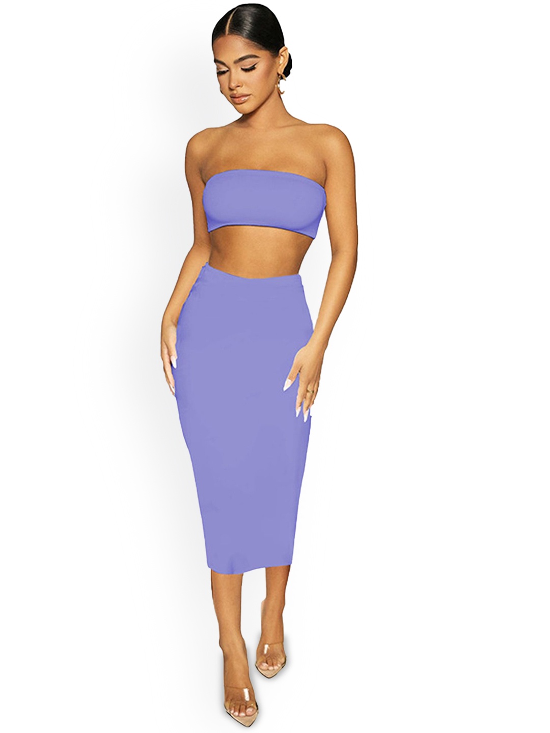 

LULU & SKY Self Design Tube Top & Fitted Skirt Co-Ord Set, Purple