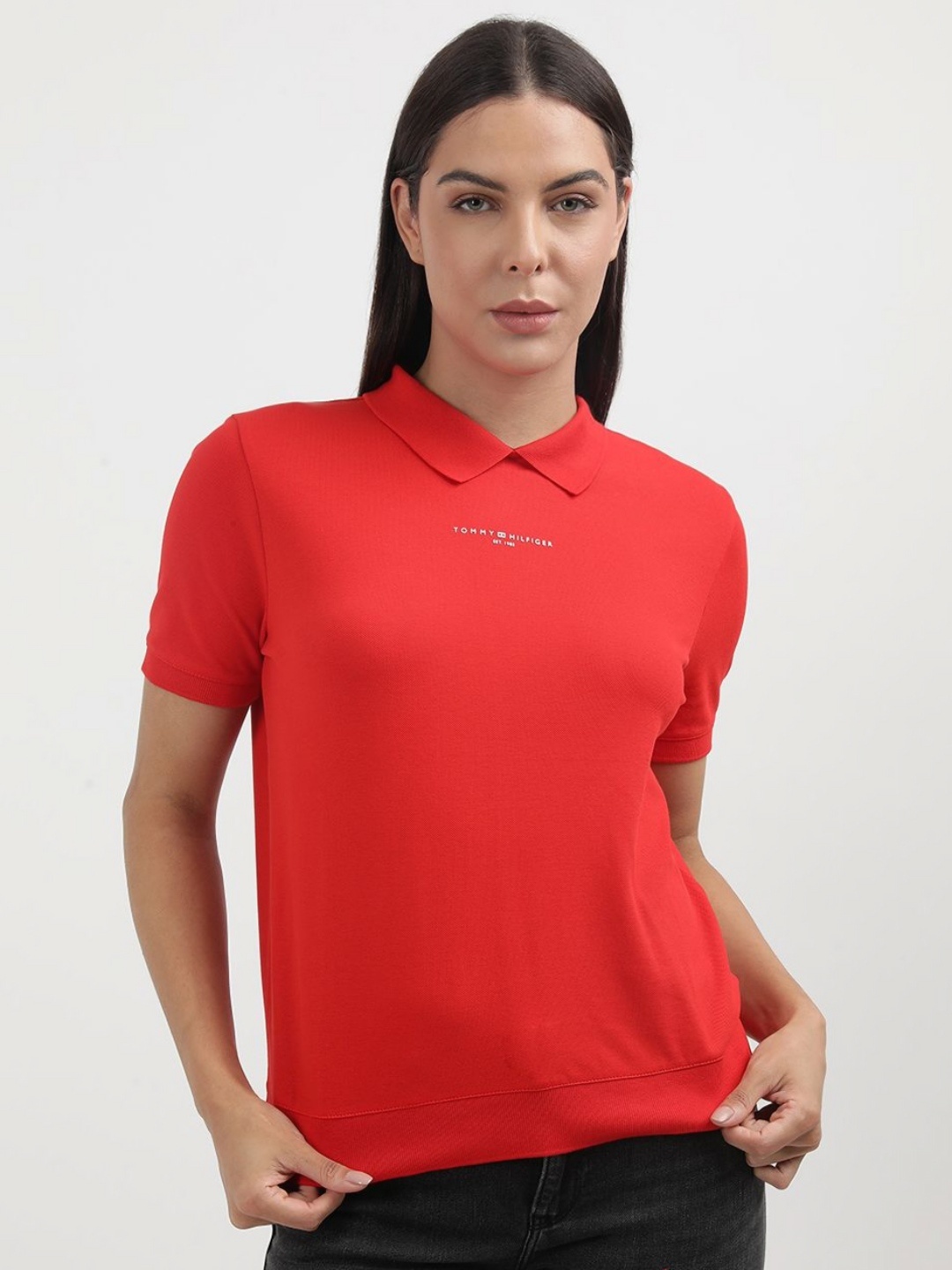 

Tommy Hilfiger Women Polo Collar Organic Cotton Pockets T-shirt, Red