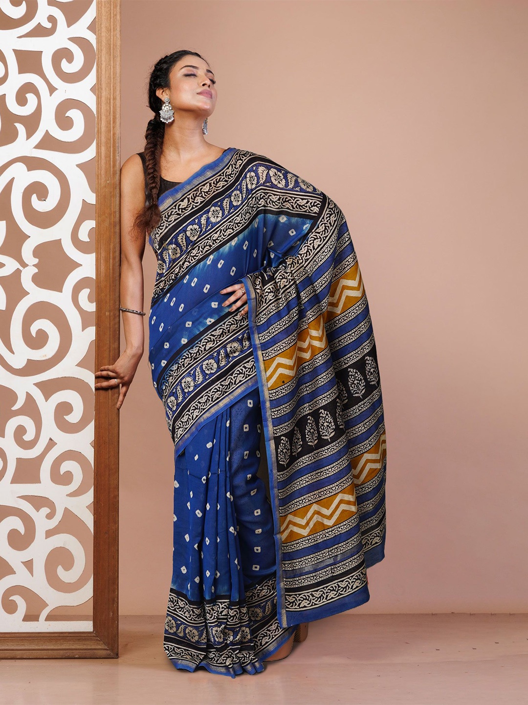 

Unnati Silks Bandhani Zari Silk Cotton Handloom Chanderi Saree, Blue