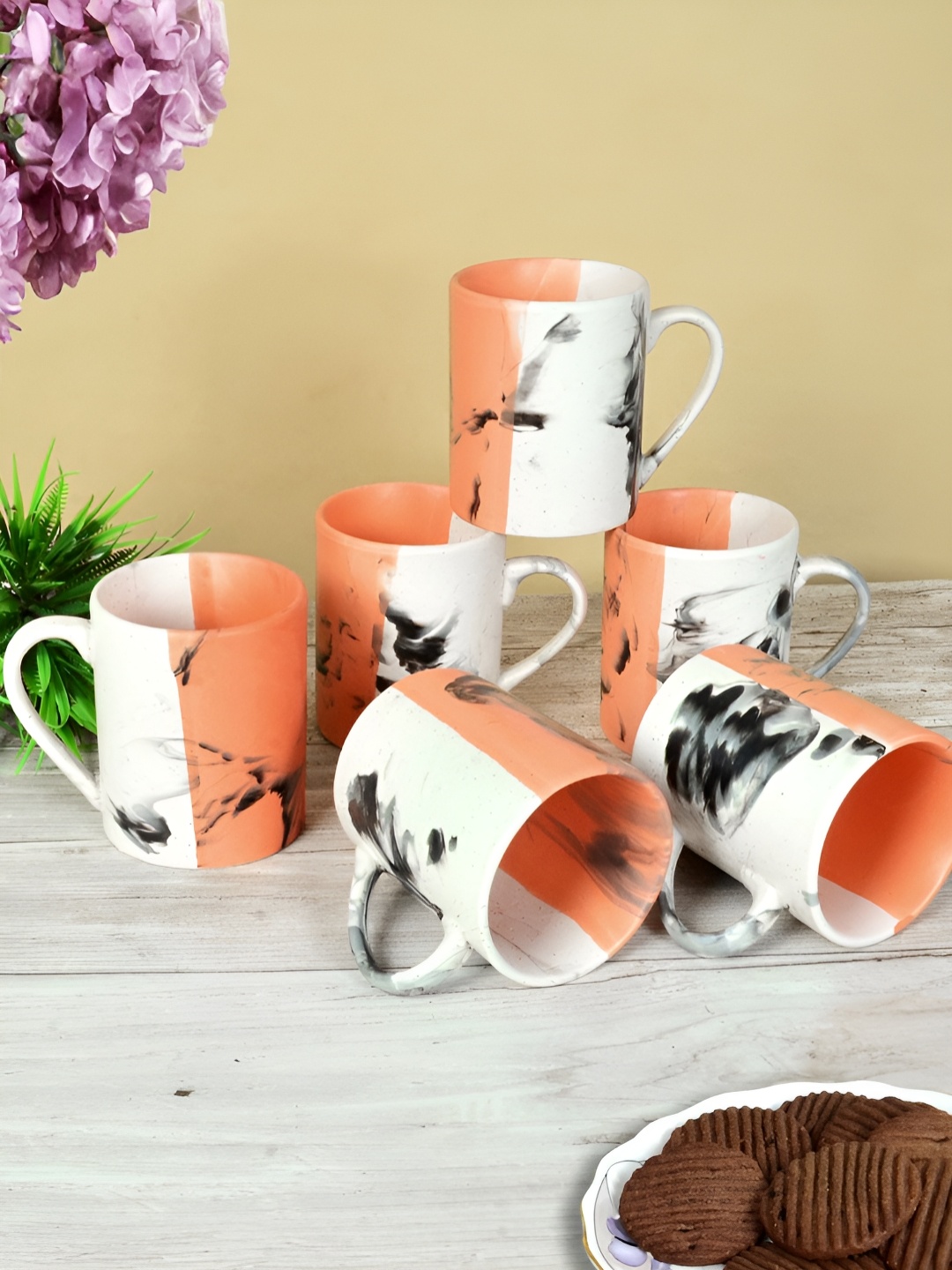 

FABINALIV Orange & White Handcrafted Textured Ceramic Matte Mug 280ml each