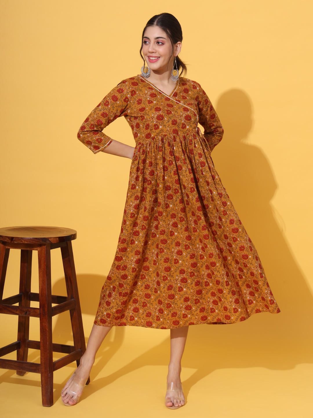 

KALINI Floral Printed Wrap Midi Dress, Mustard