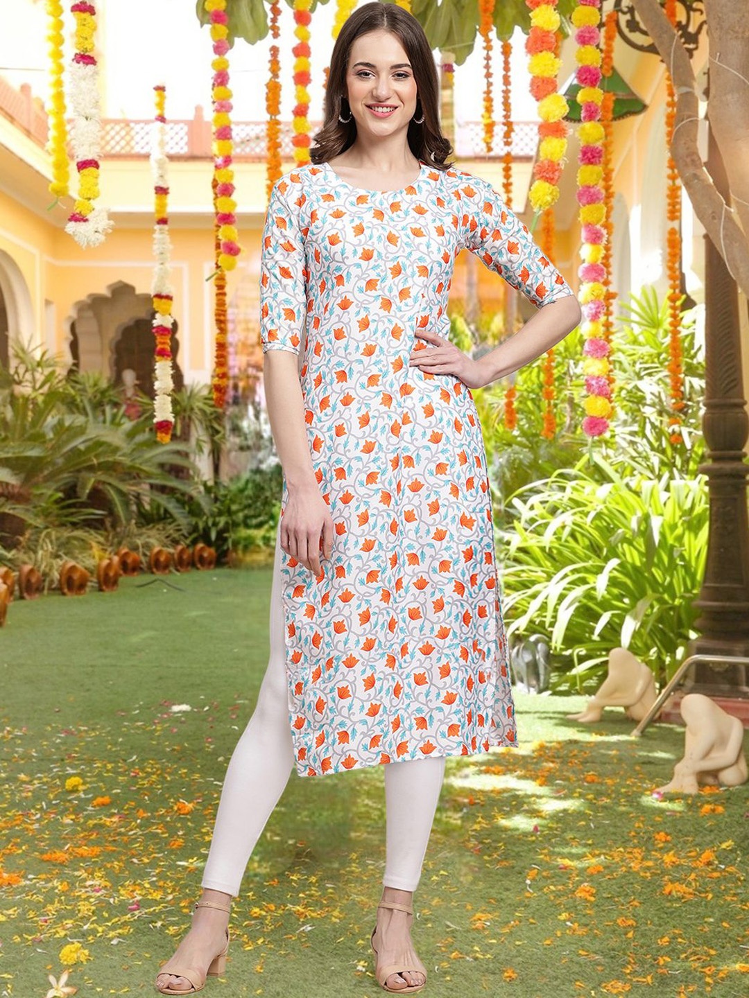 

7Threads Women Printed Flared Sleeves Thread Work Floral Crepe Kurta, Multi