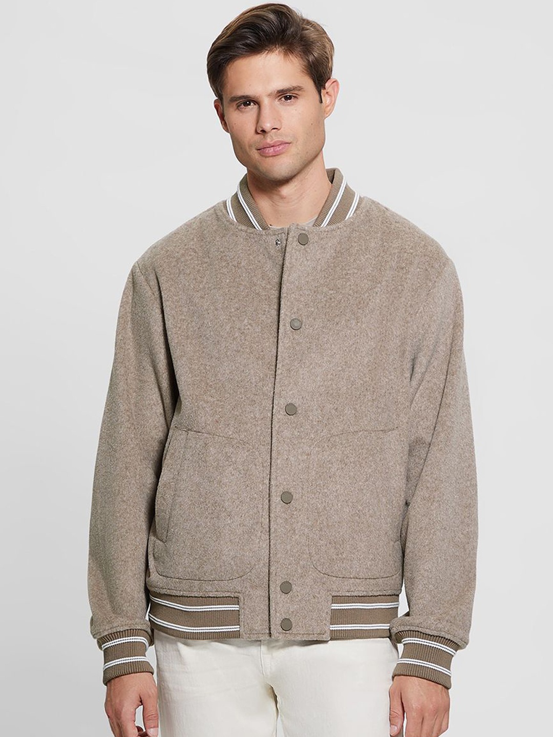 

GUESS Men Striped Varsity Jacket with Patchwork, Brown