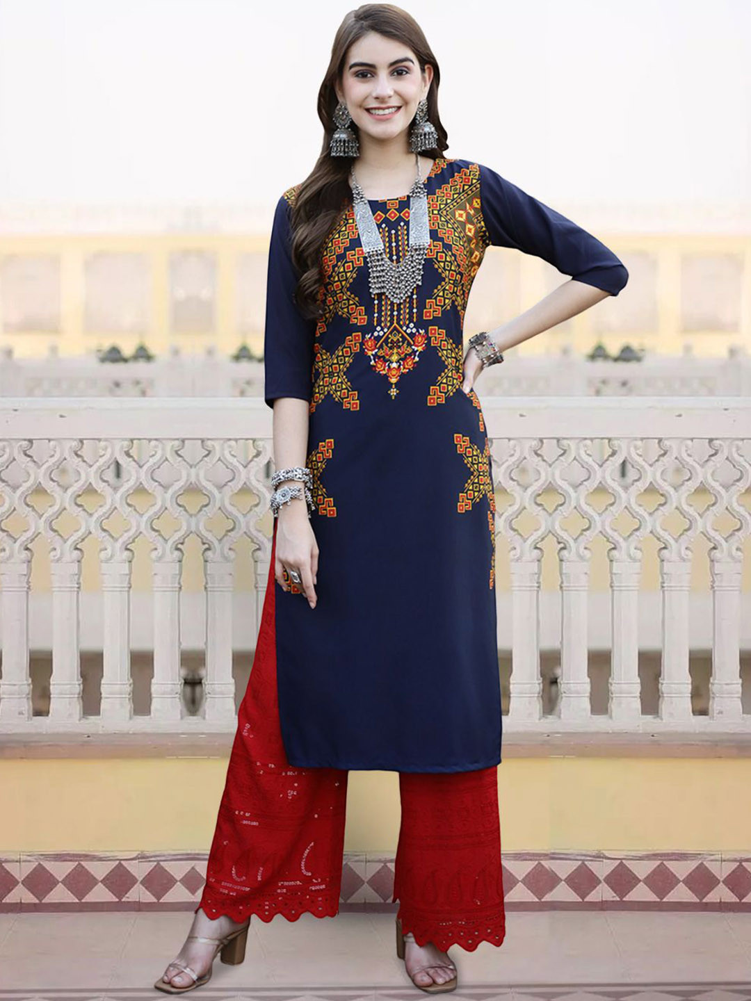 

7Threads Women Ethnic Motifs Checked Sequinned Floral Crepe Kurta, Multi