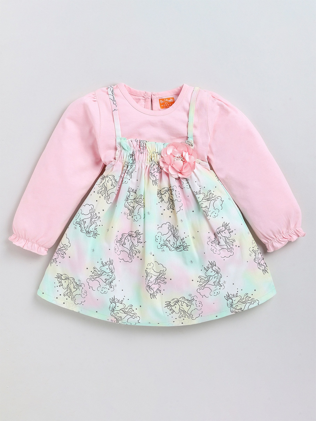 

SNUGGLY MONKEY Floral Printed Applique Pinafore Dress With Top, Pink