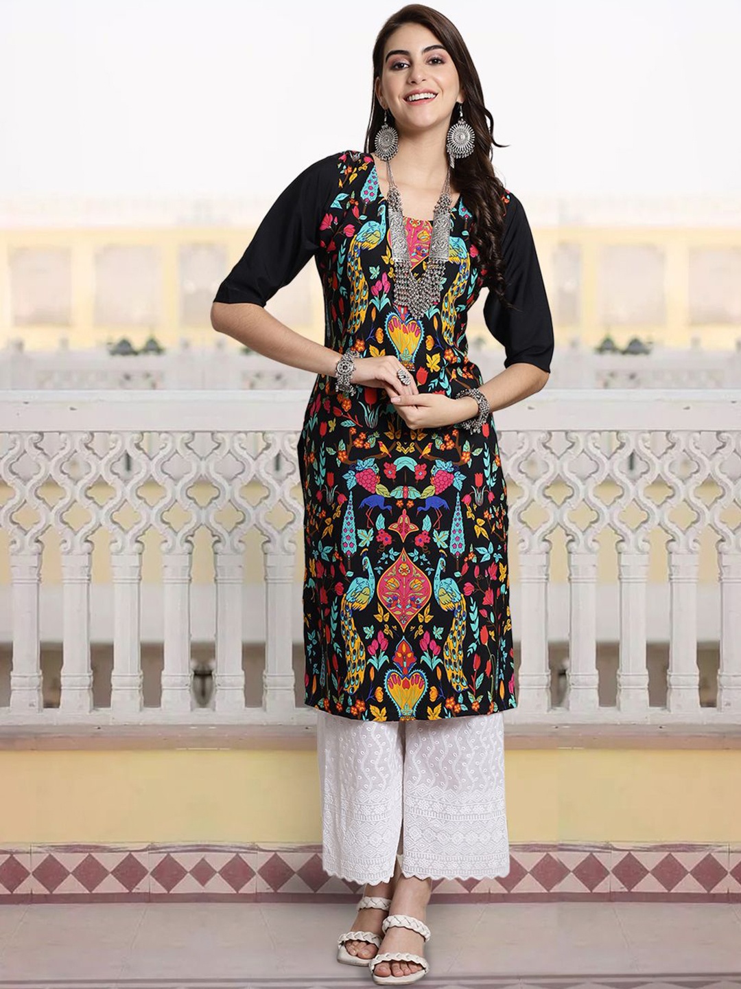 

7Threads Women Ethnic Motifs Printed Sequinned Floral Crepe Kurta, Multi