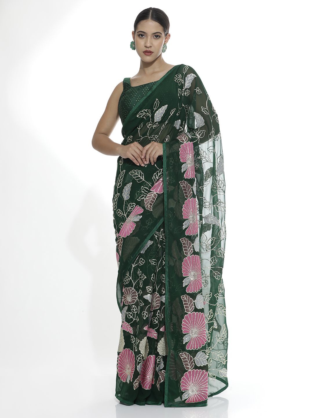 

Jaipur Kurti Embellished Pure Georgette Saree, Green