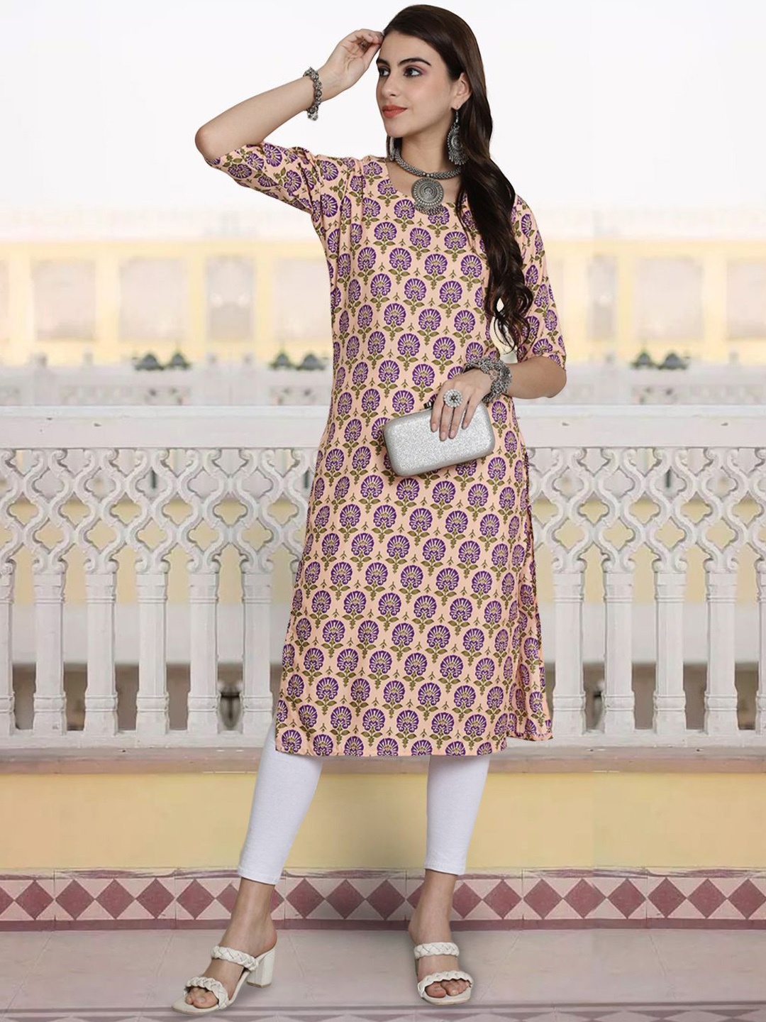 

7Threads Women Paisley Printed Sequinned Floral Crepe Anarkali Kurta, Multi