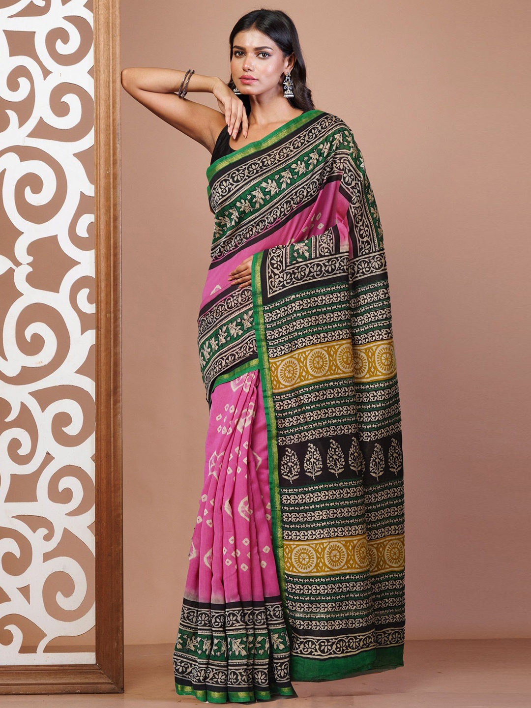 

Unnati Silks Zari Silk Cotton Handloom Chanderi Saree, Pink