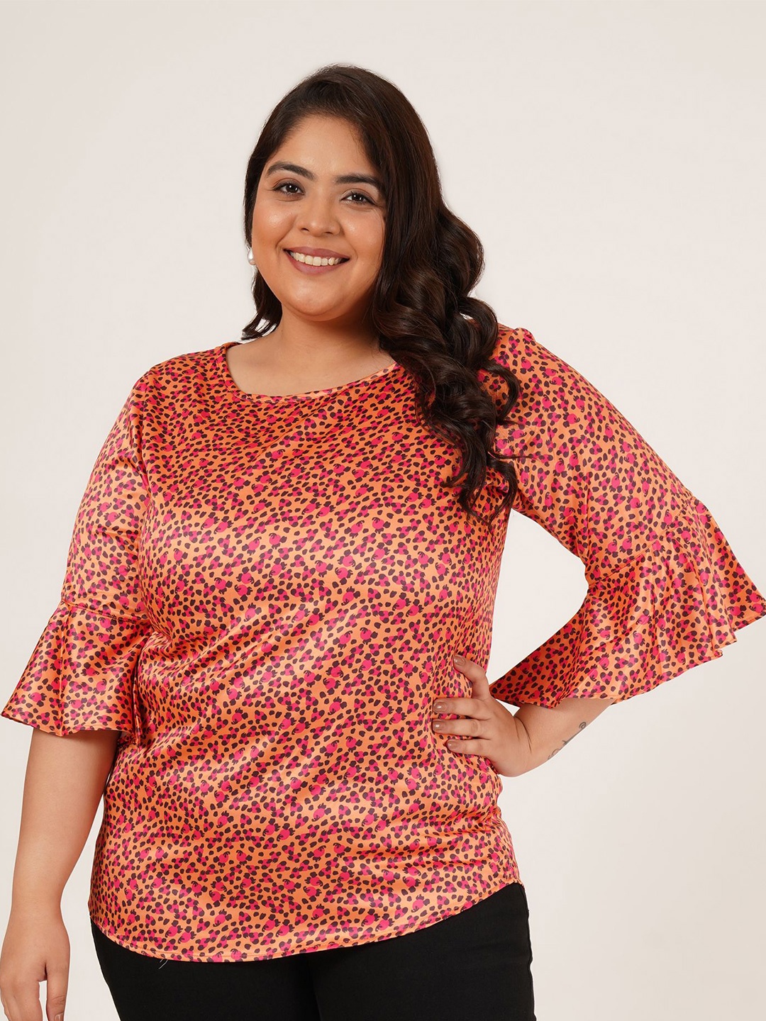 

Flambeur Animal Print Bell Sleeve Satin Top, Multi