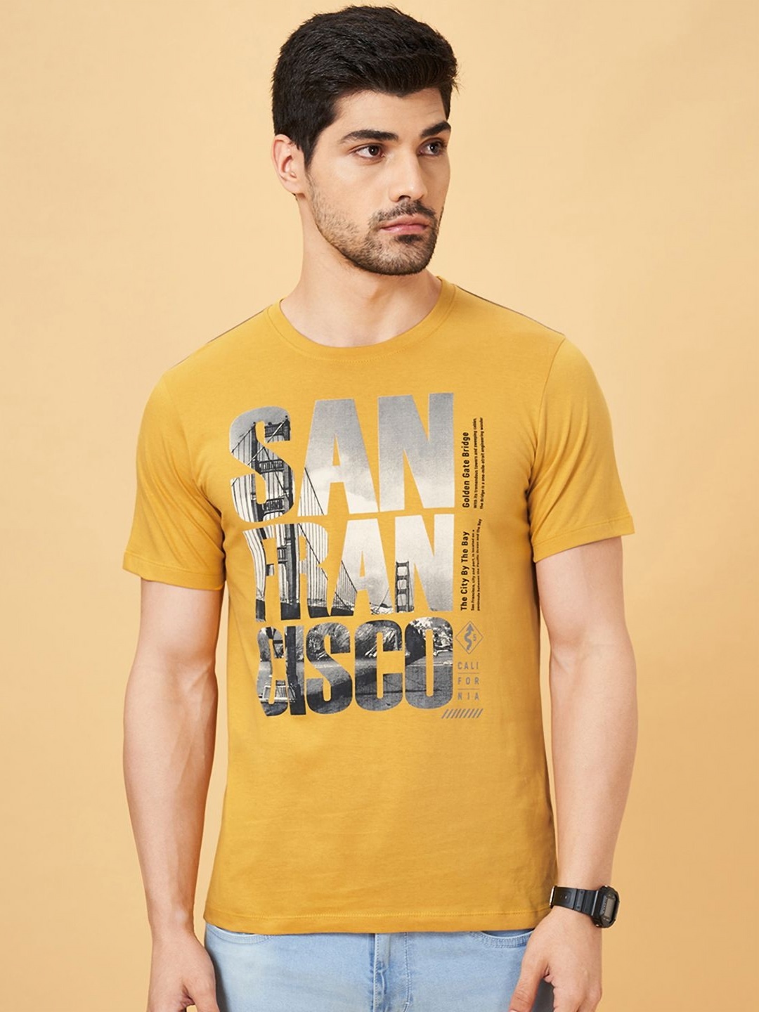 

SF JEANS by Pantaloons Men Graphic Printed Round Neck Cotton Slim Fit T-Shirt, Yellow