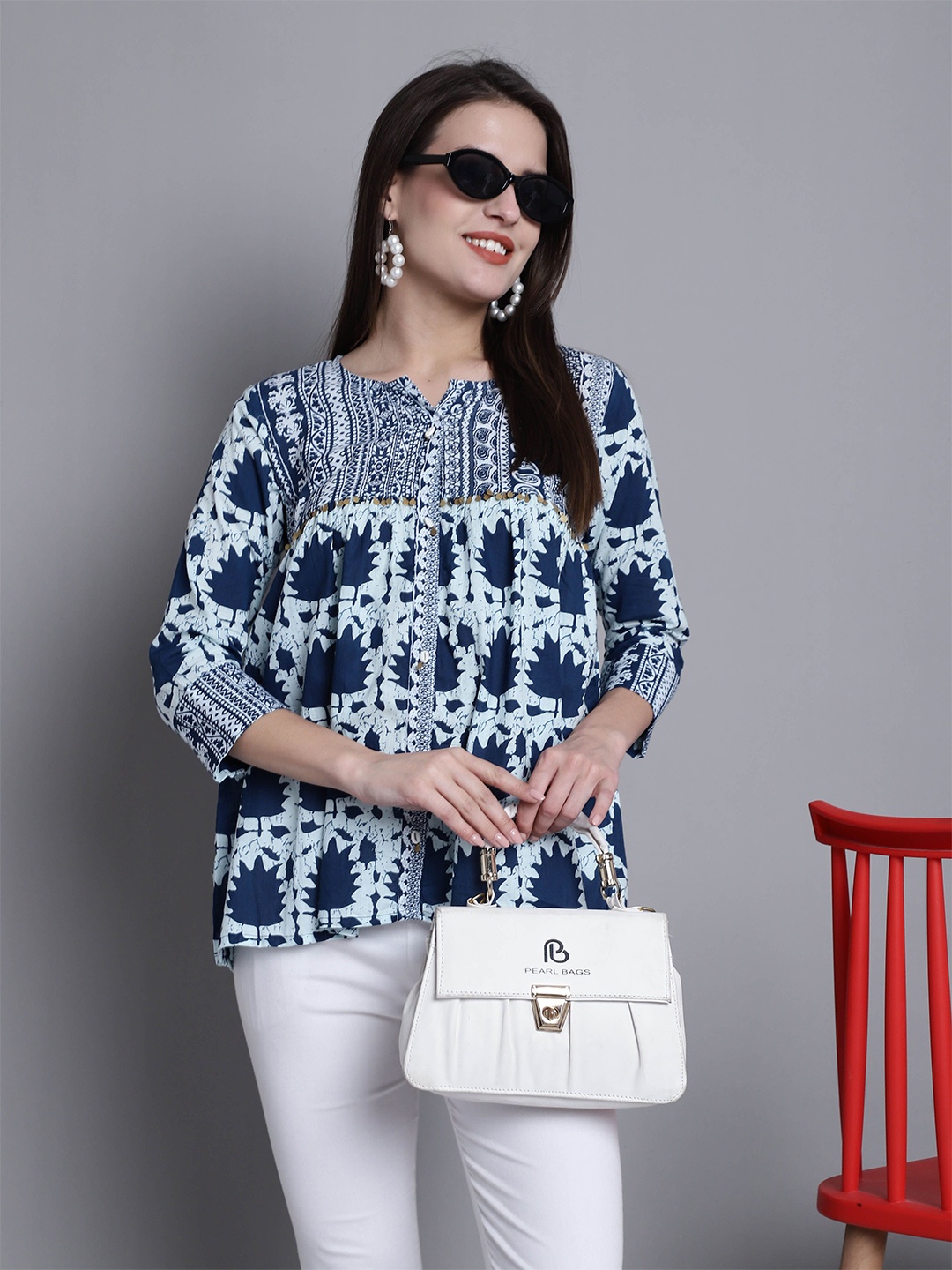 

Rajnandini Geometric Print Ethnic Cotton Top, Blue