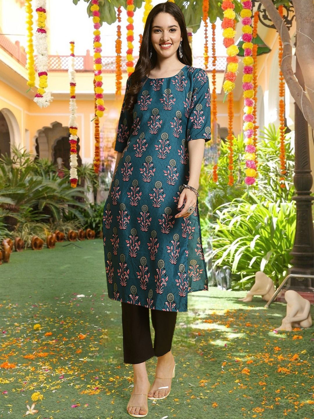 

7Threads Women Printed Flared Sleeves Mirror Work Floral Crepe Kurta, Multi
