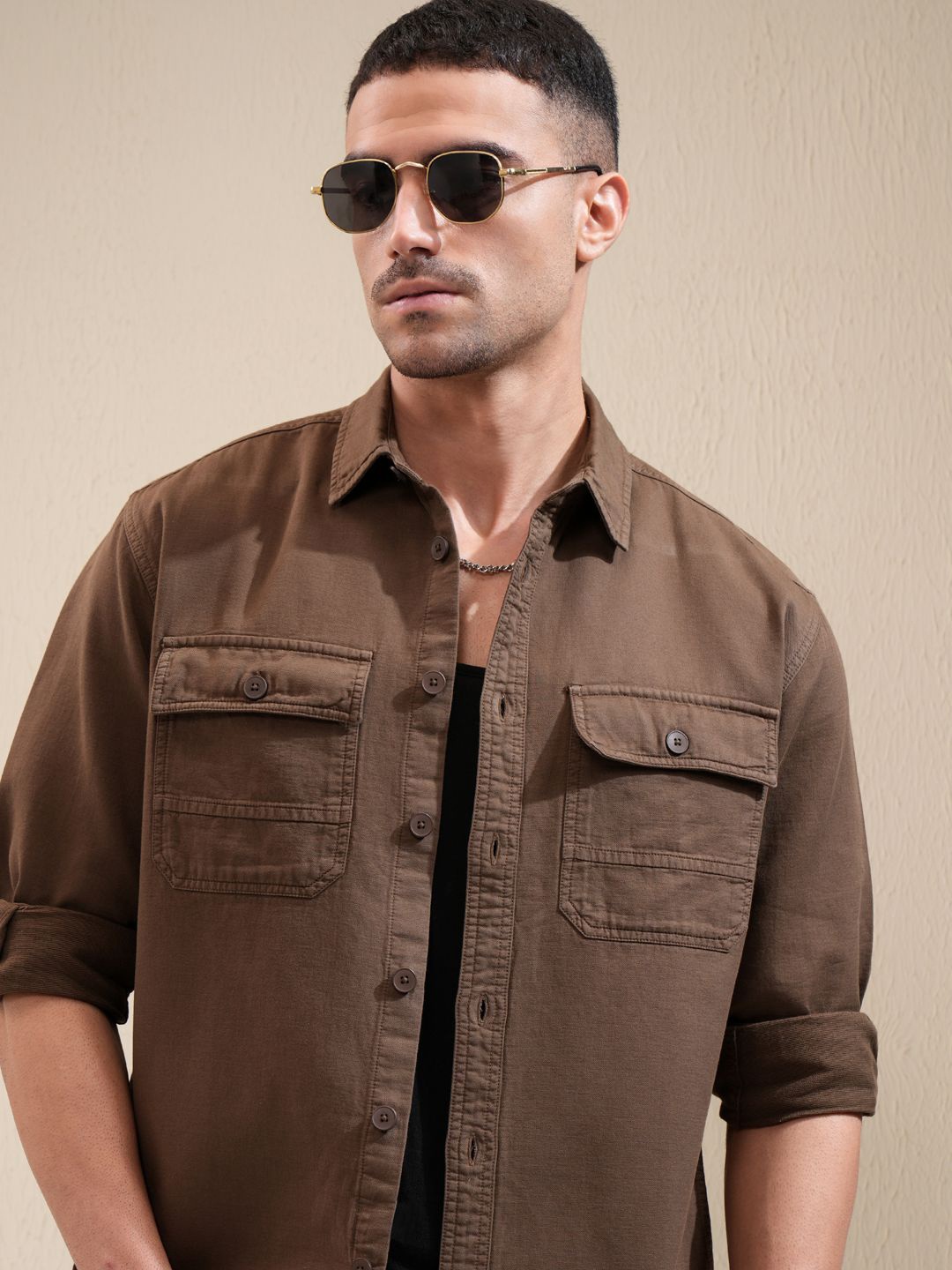 

LOCOMOTIVE Premium Men Dark Dyed Washed Utility Pocket Overshirt, Khaki