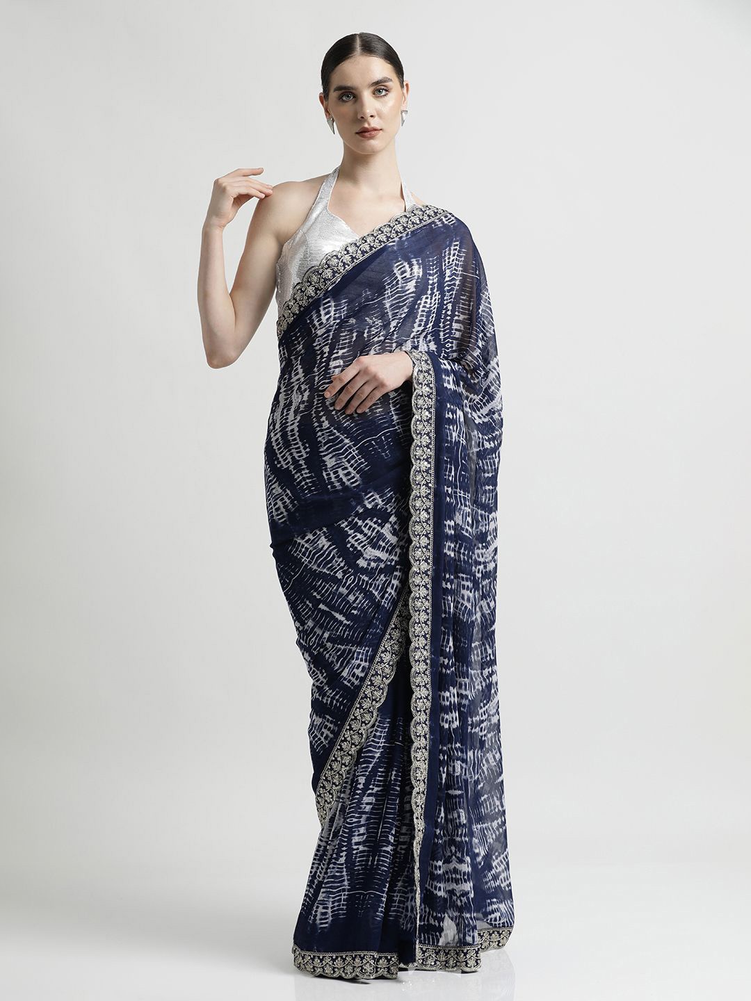 

Jaipur Kurti Tie and Dye Sequinned Pure Georgette Saree, Blue
