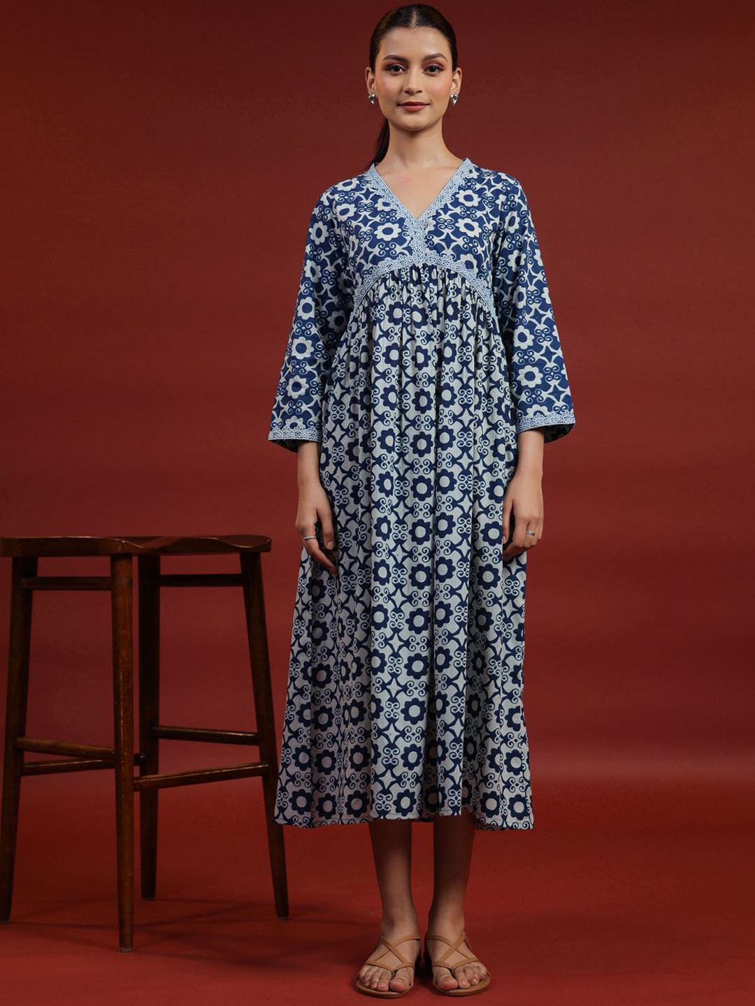 

anayna Printed Fit & Flared Midi Dresses, Blue