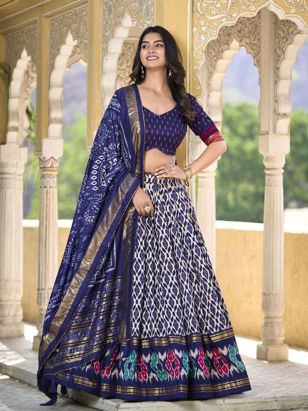 

LOOKNBOOK ART Printed Ikat Ready to Wear Lehenga & Unstitched Blouse With Dupatta, Navy blue
