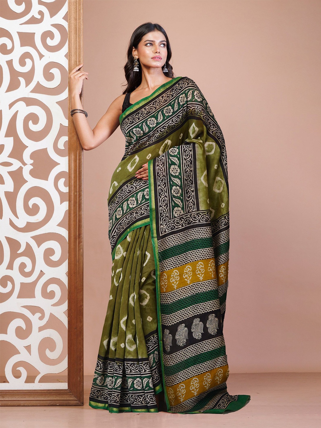 

Unnati Silk Pure Bandhani Bagru Block Printed Chanderi Sico Saree, Green