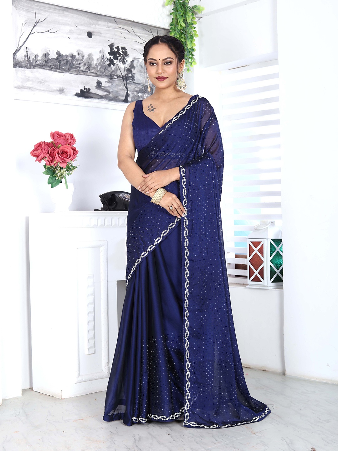 

FEBO FASHION Ethnic Motifs Beads and Stones Saree, Navy blue