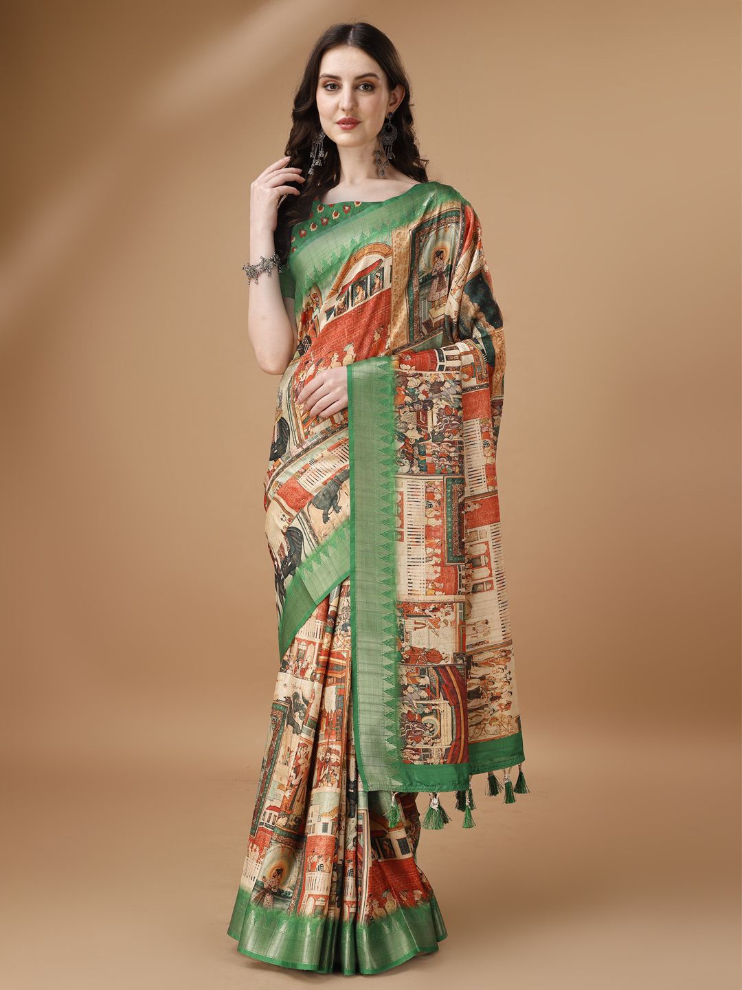 

Kaizen TEXO FAB Ethnic Motifs Tussar Saree with Zari Border, Green