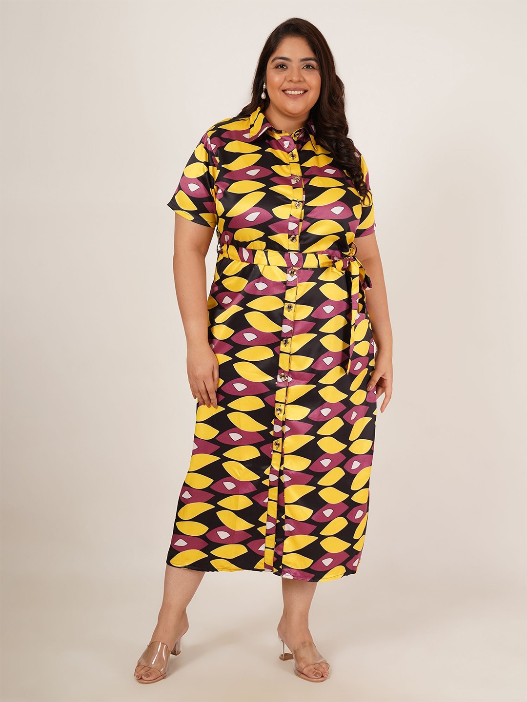 

Flambeur Plus Size Printed Satin Shirt Midi Dress, Yellow