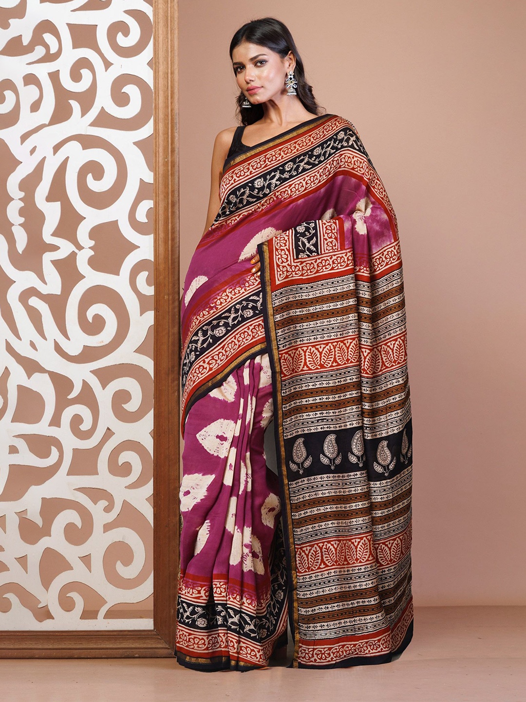 

Unnati Silks Ethnic Motifs Zari Silk Cotton Handloom Chanderi Saree, Purple