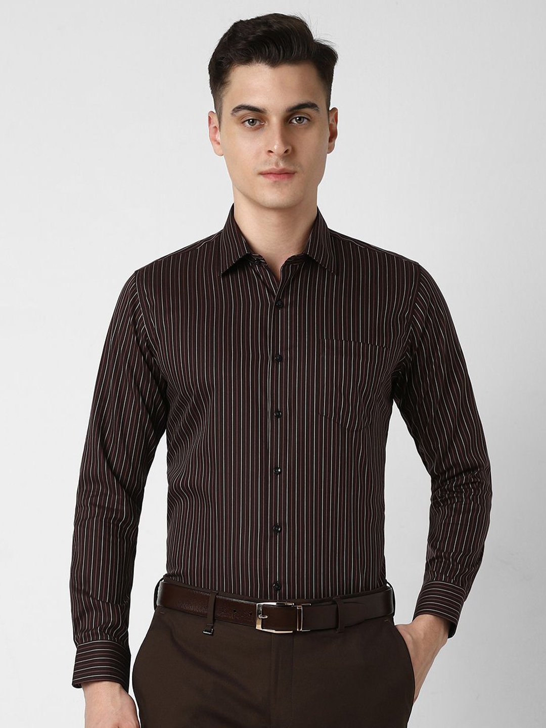 

Van Heusen Men Slim Fit Opaque Striped Formal Shirt, Brown