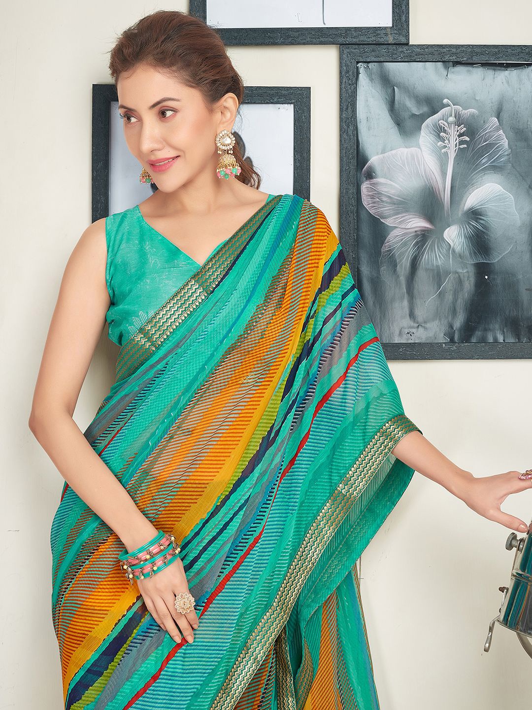 

KALINI Printed Striped Pure Chiffon Saree with Zari Border, Turquoise blue