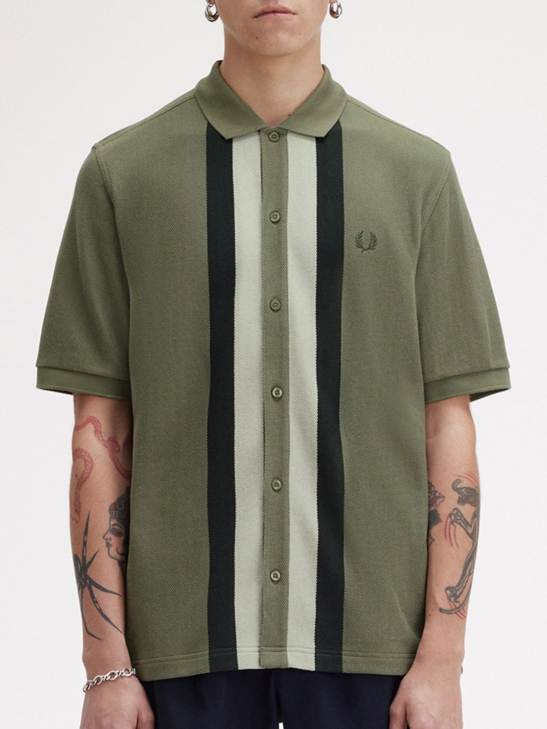 

Fred Perry Men Striped Polo Collar Pockets Boxy T-shirt, Green