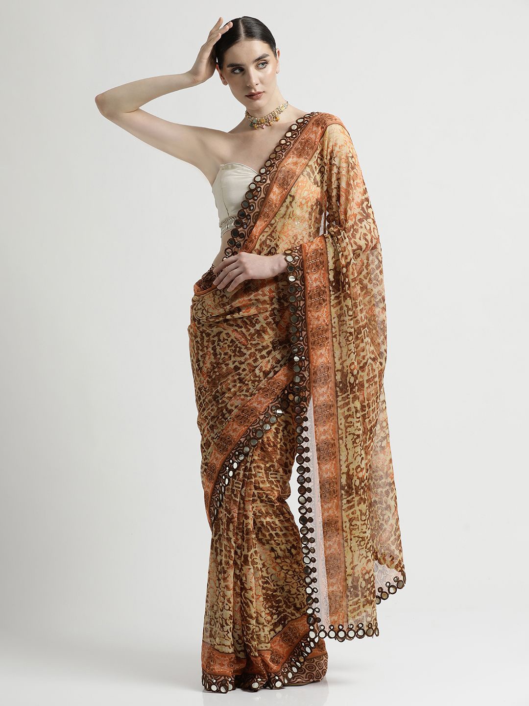 

Jaipur Kurti Mirror Work Saree, Brown