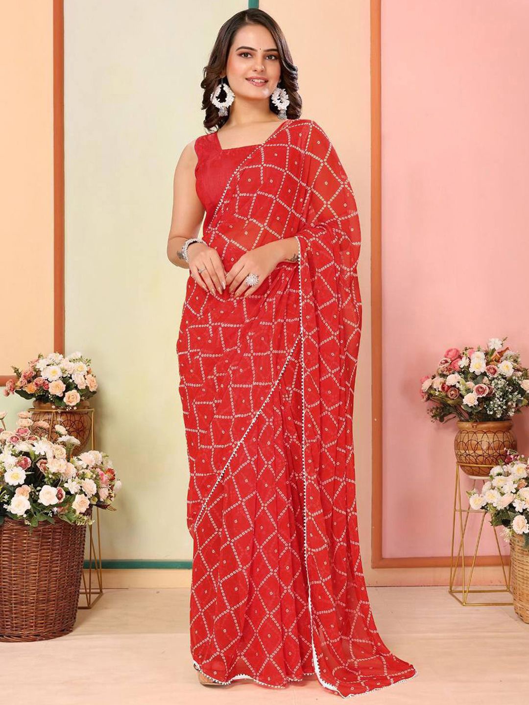 

Mitera Bandhani Printed Pure Georgette Ready to Wear Saree, Red