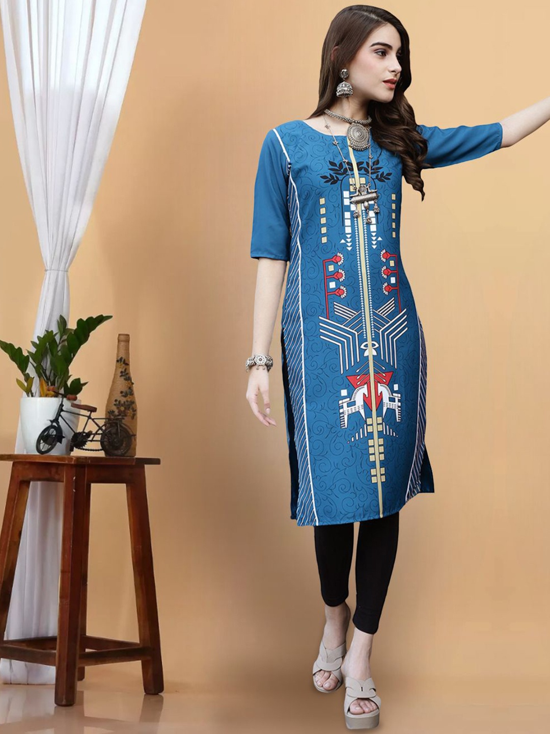 

7Threads Women Printed Flared Sleeves Thread Work Floral Crepe Anarkali Kurta, Multi