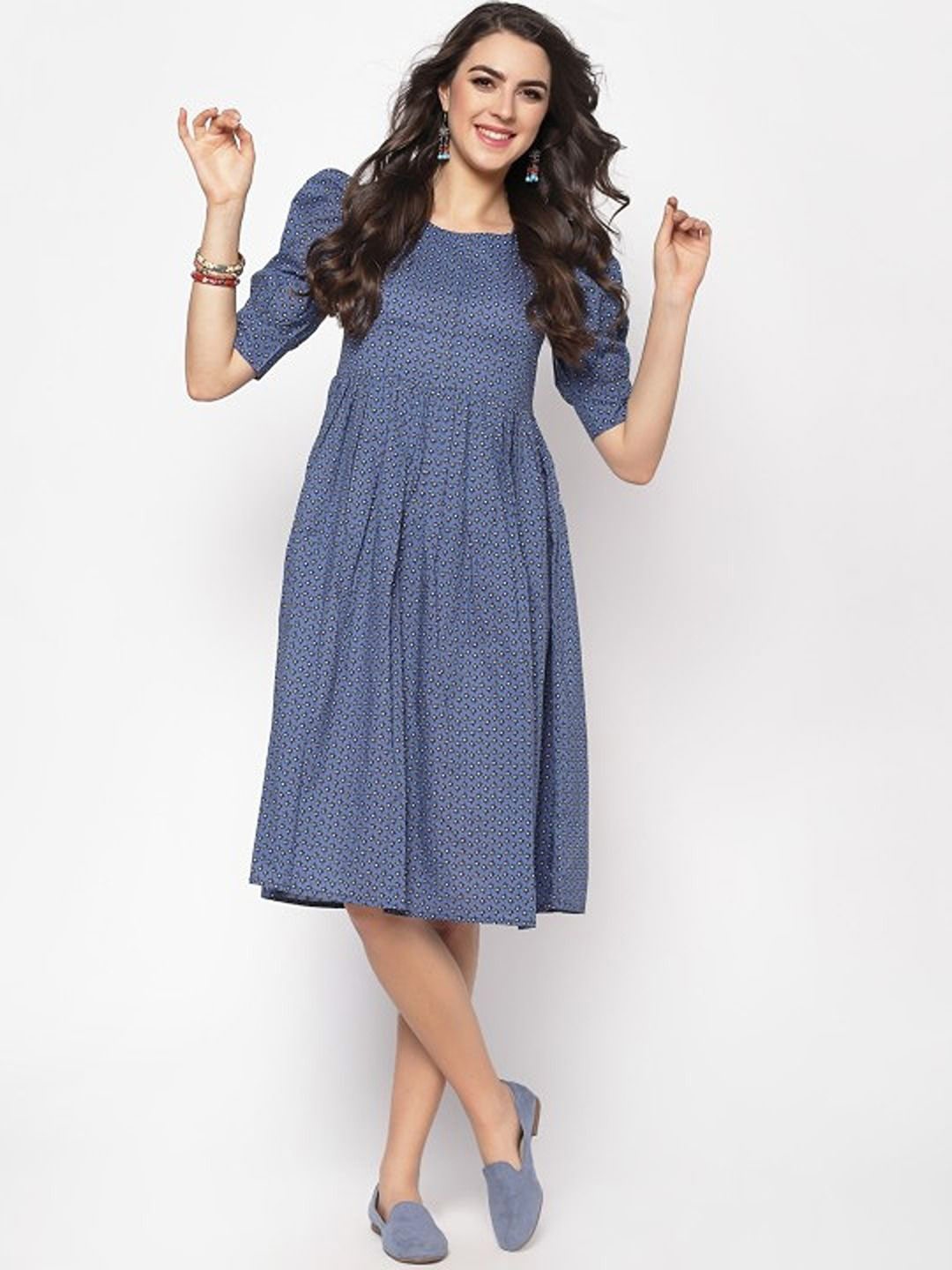 

Sera Printed Fit & Flare Knee Length Dress, Navy blue