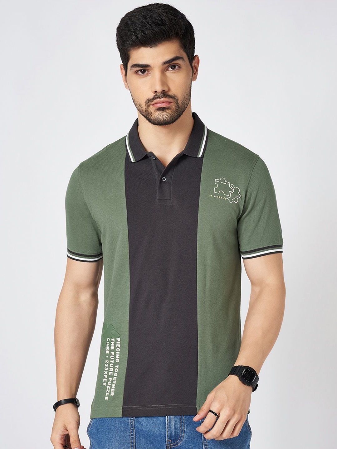 

SF JEANS by Pantaloons Men Graphic Printed Polo Collar Cotton Slim Fit T-Shirt, Green