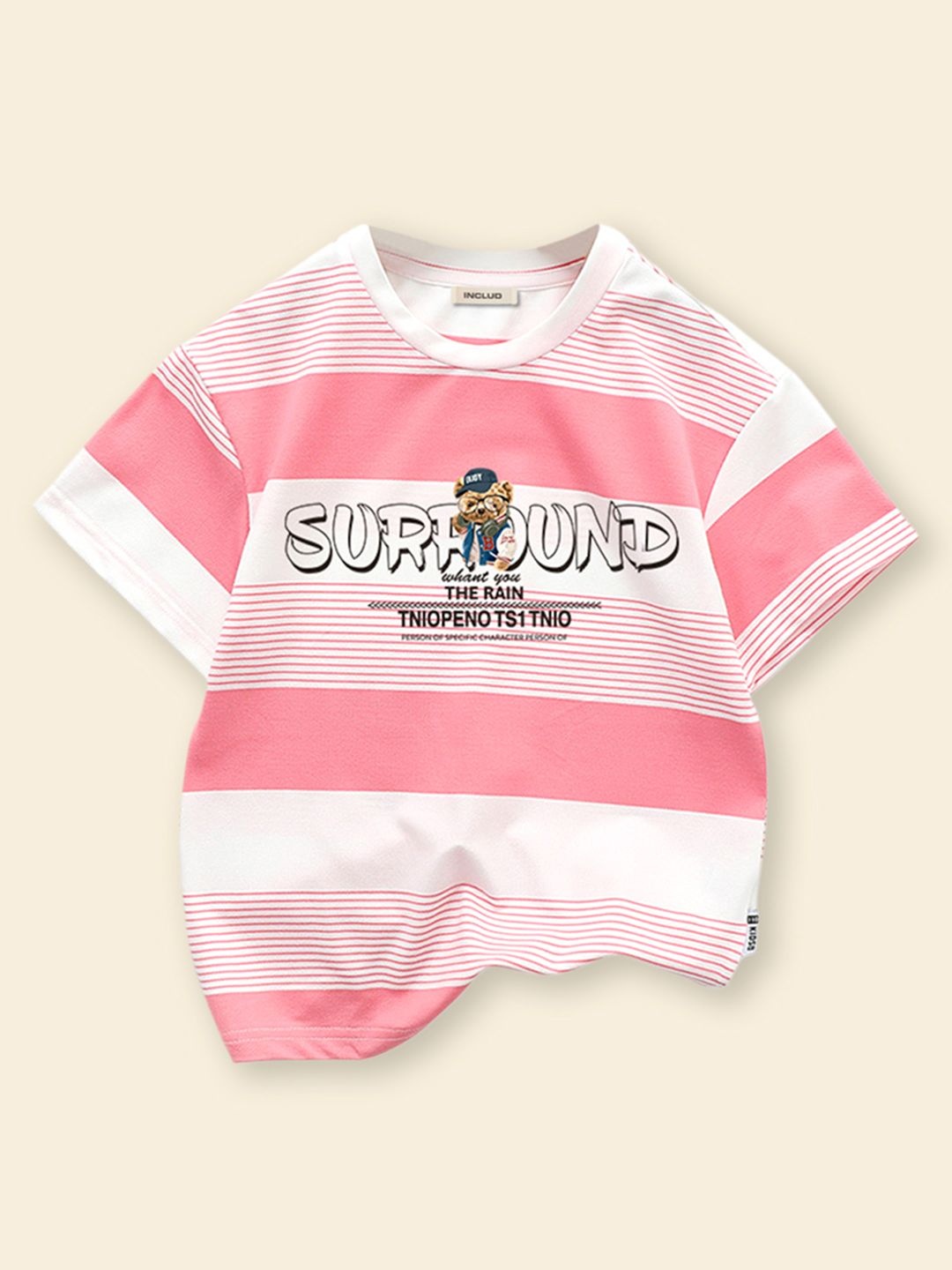 

INCLUD Girls Striped Round Neck Cotton Oversized T-Shirt, Pink