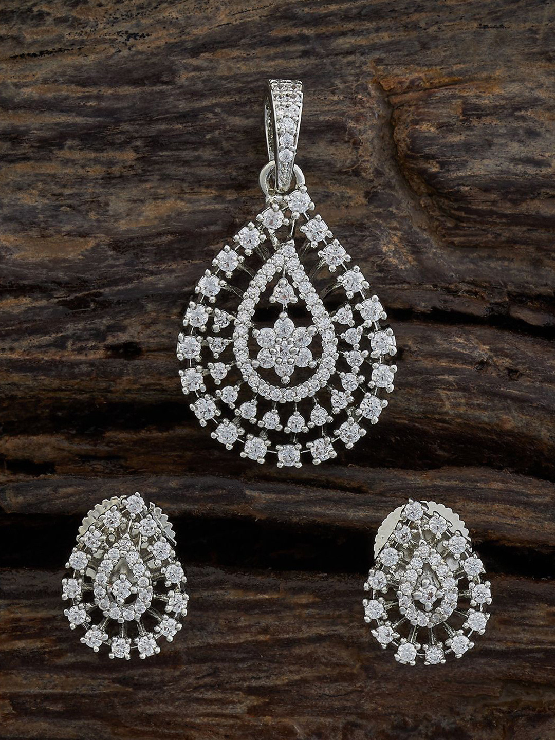 

Kushal's Fashion Jewellery Rhodium Plated Cubic Zirconia Stone Studded Jewellery Set, Silver