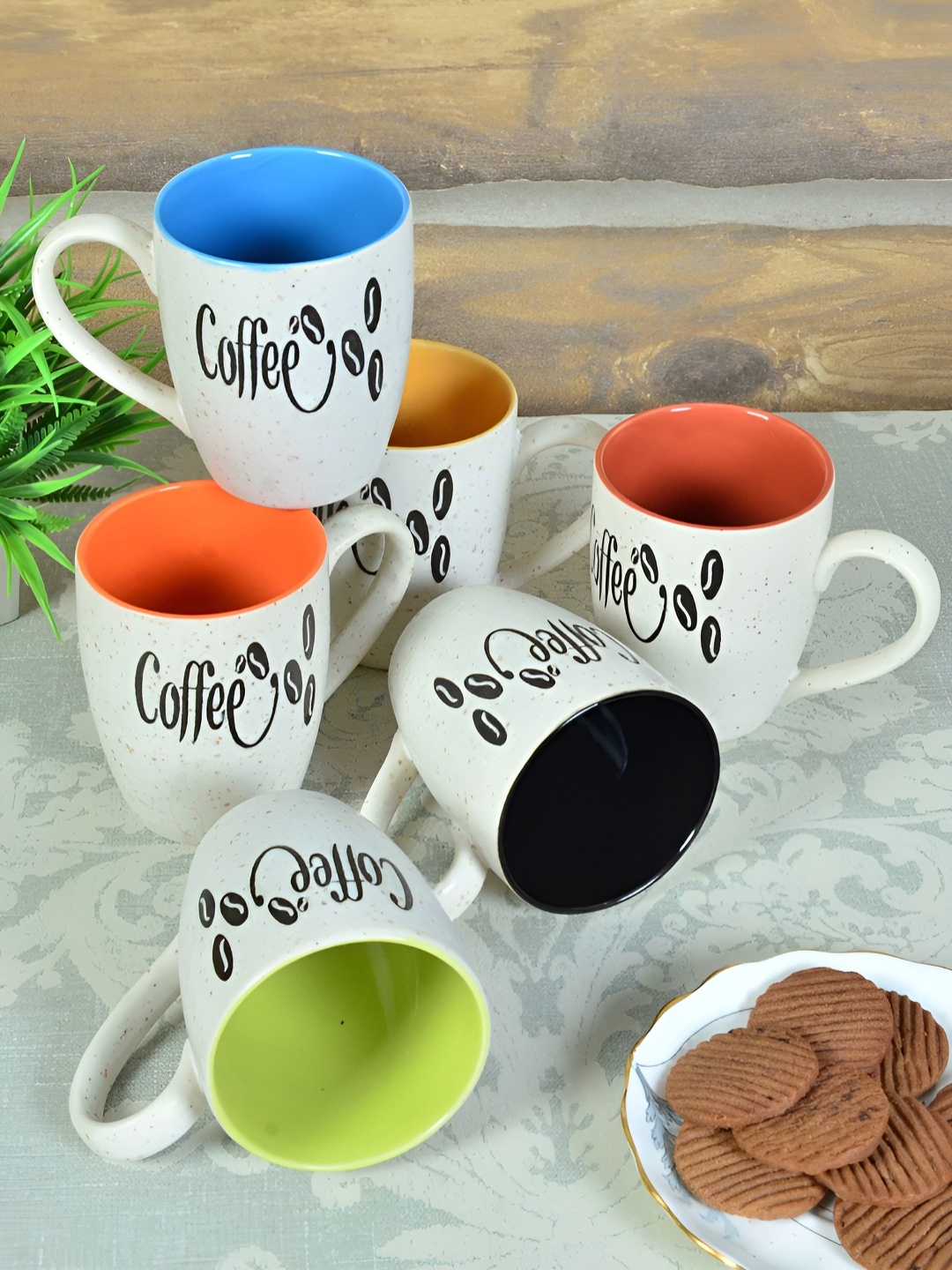 

FABINALIV Set of 6 White & Blue Printed Handcrafted Ceramics Matte Mugs